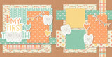 Two-page My First Tooth Blue 12x12 scrapbook layout featuring warm kraft brown background, mint vertical stripe pattern, mint heart pattern, peach polka dots, pastel plaid, and cream scallop banner pattern. Designed for first tooth memories and favorite photos.