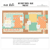 My First Tooth Blue 12x12 scrapbook page kit cover featuring mint heart pattern, peach polka dots, pastel plaid, cream scallop banner pattern, multicolor heart pattern, and smiling tooth characters. A coordinated premade layout for first tooth memories and favorite photos.