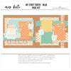 My First Tooth Blue 12x12 scrapbook page kit cover featuring mint heart pattern, peach polka dots, pastel plaid, cream scallop banner pattern, multicolor heart pattern, and smiling tooth characters. A coordinated premade layout for first tooth memories and favorite photos.