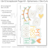 My First Tooth Blue scrapbook die cuts and ephemera sheet featuring pastel plaid, cream scallop banner pattern, multicolor heart pattern, smiling tooth characters, white tooth die cuts, and mint heart. Coordinating paper embellishments for first tooth memories and favorite photos.