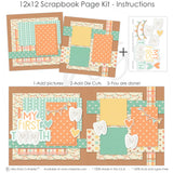My First Tooth Blue 12x12 scrapbook page kit instruction image showing the completed two-page layout and placement of coordinating papers, die cuts, and photo areas. Designed for first tooth memories and favorite photos.