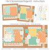My First Tooth Blue 12x12 scrapbook page kit instruction image showing the completed two-page layout and placement of coordinating papers, die cuts, and photo areas. Designed for first tooth memories and favorite photos.