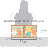 My First Tooth Blue 12x12 scrapbook page kit size reference image showing the scale of the coordinated two-page layout, printed papers, and embellishments for first tooth memories and favorite photos.