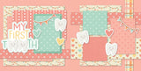 Two-page My First Tooth Pink 12x12 scrapbook layout featuring soft coral pink background, coral vertical stripe pattern, mint polka dots, coral heart pattern, pastel plaid, and cream scallop banner pattern. Designed for first tooth memories and favorite photos.
