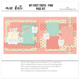My First Tooth Pink 12x12 scrapbook page kit cover featuring mint polka dots, coral heart pattern, pastel plaid, cream scallop banner pattern, multicolor heart pattern, and smiling tooth characters. A coordinated premade layout for first tooth memories and favorite photos.