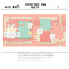 My First Tooth Pink 12x12 scrapbook page kit cover featuring mint polka dots, coral heart pattern, pastel plaid, cream scallop banner pattern, multicolor heart pattern, and smiling tooth characters. A coordinated premade layout for first tooth memories and favorite photos.