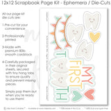 My First Tooth Pink scrapbook die cuts and ephemera sheet featuring pastel plaid, cream scallop banner pattern, multicolor heart pattern, smiling tooth characters, white tooth die cuts, and mint heart. Coordinating paper embellishments for first tooth memories and favorite photos.