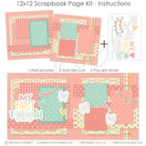 My First Tooth Pink 12x12 scrapbook page kit instruction image showing the completed two-page layout and placement of coordinating papers, die cuts, and photo areas. Designed for first tooth memories and favorite photos.
