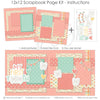 My First Tooth Pink 12x12 scrapbook page kit instruction image showing the completed two-page layout and placement of coordinating papers, die cuts, and photo areas. Designed for first tooth memories and favorite photos.