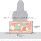 My First Tooth Pink 12x12 scrapbook page kit size reference image showing the scale of the coordinated two-page layout, printed papers, and embellishments for first tooth memories and favorite photos.