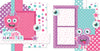 Two-page My Little Monster Pink scrapbook layout featuring pink furry monster, purple one eyed monster, large cartoon eyeballs, aqua pink purple palette, white polka dot pattern, multicolor circle pattern, pink star pattern, aqua star pattern. Designed for Cute Monster Memories, Cute Monster Scrapbook Page Kit, purple star pattern, pink dotted paper, layered purple frames, bright pink photo mat, aqua photo mat, star die cuts, eyeball die cuts, my little monster title.