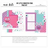 My Little Monster Pink 12x12 scrapbook page kit shown with purple one eyed monster, large cartoon eyeballs, aqua pink purple palette, white polka dot pattern, multicolor circle pattern, pink star pattern, aqua star pattern, purple star pattern. Designed for Cute Monster Scrapbook Page Kit, Pink Monster Scrapbook Layout, pink dotted paper, layered purple frames, bright pink photo mat, aqua photo mat, star die cuts, eyeball die cuts, my little monster title, pink furry monster.