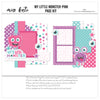 My Little Monster Pink 12x12 scrapbook page kit shown with purple one eyed monster, large cartoon eyeballs, aqua pink purple palette, white polka dot pattern, multicolor circle pattern, pink star pattern, aqua star pattern, purple star pattern. Designed for Cute Monster Scrapbook Page Kit, Pink Monster Scrapbook Layout, pink dotted paper, layered purple frames, bright pink photo mat, aqua photo mat, star die cuts, eyeball die cuts, my little monster title, pink furry monster.