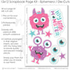 Coordinated My Little Monster Pink memory-keeping layout with large cartoon eyeballs, aqua pink purple palette, white polka dot pattern, multicolor circle pattern, pink star pattern, aqua star pattern, purple star pattern, pink dotted paper. Designed for Pink Monster Scrapbook Layout, Little Monster Scrapbook Kit, layered purple frames, bright pink photo mat, aqua photo mat, star die cuts, eyeball die cuts, my little monster title, pink furry monster, purple one eyed monster.