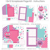 Finished My Little Monster Pink photo layout showing white polka dot pattern, multicolor circle pattern, pink star pattern, aqua star pattern, purple star pattern, pink dotted paper, layered purple frames, bright pink photo mat. Designed for Kids Monster Scrapbook Pages, Monster Themed Scrapbook Layout, aqua photo mat, star die cuts, eyeball die cuts, my little monster title, pink furry monster, purple one eyed monster, large cartoon eyeballs, aqua pink purple palette.