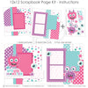 Finished My Little Monster Pink photo layout showing white polka dot pattern, multicolor circle pattern, pink star pattern, aqua star pattern, purple star pattern, pink dotted paper, layered purple frames, bright pink photo mat. Designed for Kids Monster Scrapbook Pages, Monster Themed Scrapbook Layout, aqua photo mat, star die cuts, eyeball die cuts, my little monster title, pink furry monster, purple one eyed monster, large cartoon eyeballs, aqua pink purple palette.