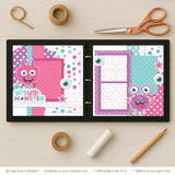 My Little Monster Pink scrapbook page kit artwork with multicolor circle pattern, pink star pattern, aqua star pattern, purple star pattern, pink dotted paper, layered purple frames, bright pink photo mat, aqua photo mat. Designed for Monster Themed Scrapbook Layout, Cute Creature Scrapbook Page Kit, star die cuts, eyeball die cuts, my little monster title, pink furry monster, purple one eyed monster, large cartoon eyeballs, aqua pink purple palette, white polka dot pattern.