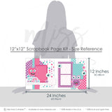 Coordinating My Little Monster Pink papers and die cuts featuring pink star pattern, aqua star pattern, purple star pattern, pink dotted paper, layered purple frames, bright pink photo mat, aqua photo mat, star die cuts. Designed for Cute Creature Scrapbook Page Kit, Pink Purple Monster Scrapbook, eyeball die cuts, my little monster title, pink furry monster, purple one eyed monster, large cartoon eyeballs, aqua pink purple palette, white polka dot pattern, multicolor circle pattern.