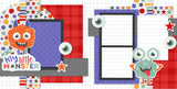 Two-page My Little Monster Red scrapbook layout featuring orange furry monster, mint green one eyed monster, large cartoon eyeballs, red plaid pattern, multicolor polka dots, rainbow stripe accents, multicolor star pattern, gray diamond pattern. Designed for Silly Childhood Memories, Cute Monster Scrapbook Page Kit, purple geometric pattern, white grid background, lined journaling blocks, black layered frames, red orange mint palette, star die cuts, eyeball die cuts, my little monster title.