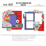 My Little Monster Red 12x12 scrapbook page kit shown with mint green one eyed monster, large cartoon eyeballs, red plaid pattern, multicolor polka dots, rainbow stripe accents, multicolor star pattern, gray diamond pattern, purple geometric pattern. Designed for Cute Monster Scrapbook Page Kit, Red Monster Scrapbook Layout, white grid background, lined journaling blocks, black layered frames, red orange mint palette, star die cuts, eyeball die cuts, my little monster title, orange furry monster.