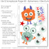 Coordinated My Little Monster Red memory-keeping layout with large cartoon eyeballs, red plaid pattern, multicolor polka dots, rainbow stripe accents, multicolor star pattern, gray diamond pattern, purple geometric pattern, white grid background. Designed for Red Monster Scrapbook Layout, Little Monster Scrapbook Kit, lined journaling blocks, black layered frames, red orange mint palette, star die cuts, eyeball die cuts, my little monster title, orange furry monster, mint green one eyed monster.