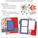 Detailed My Little Monster Red scrapbook design featuring red plaid pattern, multicolor polka dots, rainbow stripe accents, multicolor star pattern, gray diamond pattern, purple geometric pattern, white grid background, lined journaling blocks. Designed for Little Monster Scrapbook Kit, Kids Monster Scrapbook Pages, black layered frames, red orange mint palette, star die cuts, eyeball die cuts, my little monster title, orange furry monster, mint green one eyed monster, large cartoon eyeballs.