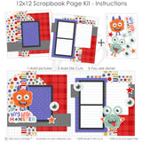 Finished My Little Monster Red photo layout showing multicolor polka dots, rainbow stripe accents, multicolor star pattern, gray diamond pattern, purple geometric pattern, white grid background, lined journaling blocks, black layered frames. Designed for Kids Monster Scrapbook Pages, Monster Themed Scrapbook Layout, red orange mint palette, star die cuts, eyeball die cuts, my little monster title, orange furry monster, mint green one eyed monster, large cartoon eyeballs, red plaid pattern.