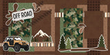 Two-page Off Road scrapbook layout featuring brown textured paper, green star pattern, brown star pattern, camouflage print, tire track pattern, earth tone stripes, mud splatter, off road sign. Designed for 4X4 Trail Adventures, Off Road Scrapbook Page Kit, orange jeep, all terrain tires, pine trees, mountain scene, forest silhouettes, brown green tan palette, white outlined die cuts.