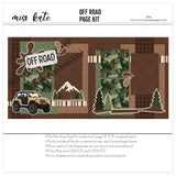 Off Road 12x12 scrapbook page kit shown with green star pattern, brown star pattern, camouflage print, tire track pattern, earth tone stripes, mud splatter, off road sign, orange jeep. Designed for Off Road Scrapbook Page Kit, 4X4 Adventure Scrapbook Pages, all terrain tires, pine trees, mountain scene, forest silhouettes, brown green tan palette, white outlined die cuts, brown textured paper.