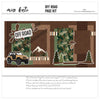 Off Road 12x12 scrapbook page kit shown with green star pattern, brown star pattern, camouflage print, tire track pattern, earth tone stripes, mud splatter, off road sign, orange jeep. Designed for Off Road Scrapbook Page Kit, 4X4 Adventure Scrapbook Pages, all terrain tires, pine trees, mountain scene, forest silhouettes, brown green tan palette, white outlined die cuts, brown textured paper.