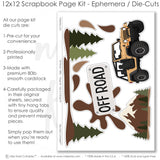 Coordinated Off Road memory-keeping layout with brown star pattern, camouflage print, tire track pattern, earth tone stripes, mud splatter, off road sign, orange jeep, all terrain tires. Designed for 4X4 Adventure Scrapbook Pages, Jeep Trail Scrapbook Layout, pine trees, mountain scene, forest silhouettes, brown green tan palette, white outlined die cuts, brown textured paper, green star pattern.
