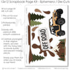 Coordinated Off Road memory-keeping layout with brown star pattern, camouflage print, tire track pattern, earth tone stripes, mud splatter, off road sign, orange jeep, all terrain tires. Designed for 4X4 Adventure Scrapbook Pages, Jeep Trail Scrapbook Layout, pine trees, mountain scene, forest silhouettes, brown green tan palette, white outlined die cuts, brown textured paper, green star pattern.