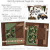 Detailed Off Road scrapbook design featuring camouflage print, tire track pattern, earth tone stripes, mud splatter, off road sign, orange jeep, all terrain tires, pine trees. Designed for Jeep Trail Scrapbook Layout, Off Roading Scrapbook Kit, mountain scene, forest silhouettes, brown green tan palette, white outlined die cuts, brown textured paper, green star pattern, brown star pattern.