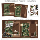 Finished Off Road photo layout showing tire track pattern, earth tone stripes, mud splatter, off road sign, orange jeep, all terrain tires, pine trees, mountain scene. Designed for Off Roading Scrapbook Kit, Mountain Trail Scrapbook Pages, forest silhouettes, brown green tan palette, white outlined die cuts, brown textured paper, green star pattern, brown star pattern, camouflage print.