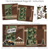 Finished Off Road photo layout showing tire track pattern, earth tone stripes, mud splatter, off road sign, orange jeep, all terrain tires, pine trees, mountain scene. Designed for Off Roading Scrapbook Kit, Mountain Trail Scrapbook Pages, forest silhouettes, brown green tan palette, white outlined die cuts, brown textured paper, green star pattern, brown star pattern, camouflage print.