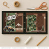 Off Road scrapbook page kit artwork with earth tone stripes, mud splatter, off road sign, orange jeep, all terrain tires, pine trees, mountain scene, forest silhouettes. Designed for Mountain Trail Scrapbook Pages, Jeep Adventure Photo Layout, brown green tan palette, white outlined die cuts, brown textured paper, green star pattern, brown star pattern, camouflage print, tire track pattern.