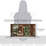 Coordinating Off Road papers and die cuts featuring mud splatter, off road sign, orange jeep, all terrain tires, pine trees, mountain scene, forest silhouettes, brown green tan palette. Designed for Jeep Adventure Photo Layout, 4X4 Trail Memory Keeping Kit, white outlined die cuts, brown textured paper, green star pattern, brown star pattern, camouflage print, tire track pattern, earth tone stripes.