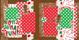 Two-page Oh What Fun 12x12 scrapbook layout featuring gingerbread brown background, red polka dots, green polka dots, candy cane pattern, peppermint candy pattern, and gingerbread cookie pattern. Designed for Christmas candy memories and favorite photos.