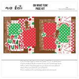 Oh What Fun 12x12 scrapbook page kit cover featuring green polka dots, candy cane pattern, peppermint candy pattern, gingerbread cookie pattern, red green cream color palette, and gingerbread people. A coordinated premade layout for Christmas candy memories and favorite photos.