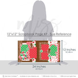 Oh What Fun 12x12 scrapbook page kit size reference image showing the scale of the coordinated two-page layout, printed papers, and embellishments for Christmas candy memories and favorite photos.