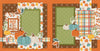 Two-page Pick Of The Patch scrapbook layout featuring orange pumpkin pattern, teal cream pumpkins, brown floral dot pattern, orange berry branches, multicolor fall plaid, sage green polka dots, scalloped green photo mat, orange speckled background. Designed for Pumpkin Patch Memories, Pumpkin Patch Scrapbook Kit, cream pumpkin accents, teal pumpkin die cuts, orange pumpkin die cuts, yellow pumpkin die cuts, green leafy sprigs, orange brown teal leaves, Pick of the Patch title.