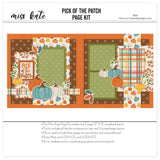 Pick Of The Patch 12x12 scrapbook page kit shown with teal cream pumpkins, brown floral dot pattern, orange berry branches, multicolor fall plaid, sage green polka dots, scalloped green photo mat, orange speckled background, cream pumpkin accents. Designed for Pumpkin Patch Scrapbook Kit, Fall Family Scrapbook Pages, teal pumpkin die cuts, orange pumpkin die cuts, yellow pumpkin die cuts, green leafy sprigs, orange brown teal leaves, Pick of the Patch title, layered pumpkin clusters.