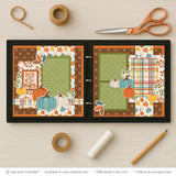 Pick Of The Patch scrapbook page kit artwork with sage green polka dots, scalloped green photo mat, orange speckled background, cream pumpkin accents, teal pumpkin die cuts, orange pumpkin die cuts, yellow pumpkin die cuts, green leafy sprigs. Designed for Fall Festival Scrapbook Pages, Family Pumpkin Patch Photos, orange brown teal leaves, Pick of the Patch title, layered pumpkin clusters, autumn foliage accents, warm harvest palette, orange pumpkin pattern, teal cream pumpkins.