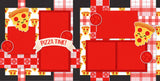 Two-page Pizza Time 12x12 scrapbook layout featuring black background, red gingham pattern, red plaid pattern, red, white check pattern, and pizza slice pattern. Designed for pizza memories and favorite photos.