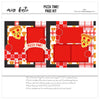 Pizza Time 12x12 scrapbook page kit cover featuring red plaid pattern, red, white check pattern, pizza slice pattern, bright red photo mats, and smiling pizza slices. A coordinated premade layout for pizza memories and favorite photos.
