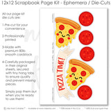 Pizza Time scrapbook die cuts and ephemera sheet featuring white check pattern, pizza slice pattern, bright red photo mats, smiling pizza slices, pepperoni circles, and red pepperoni accents. Coordinating paper embellishments for pizza memories and favorite photos.