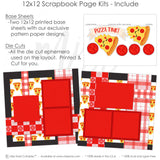 Pizza Time scrapbook page kit includes two coordinated 12x12 printed base sheets with matching die cuts and embellishments. Designed for pizza memories and favorite photos.