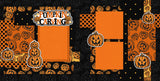 Two-page Pumpkin Carving scrapbook layout featuring orange pumpkin pattern, black pumpkin background, orange lattice pattern, black star pattern, orange photo mats, jack o lantern pumpkins, stacked pumpkin faces, pumpkin carving title. Designed for Jack O Lantern Memories, Pumpkin Carving Scrapbook Page Kit, orange black palette, white outlined die cuts, layered halloween papers, small gold stars, repeating pumpkin illustrations, bold black borders, orange patterned blocks.