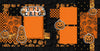 Two-page Pumpkin Carving scrapbook layout featuring orange pumpkin pattern, black pumpkin background, orange lattice pattern, black star pattern, orange photo mats, jack o lantern pumpkins, stacked pumpkin faces, pumpkin carving title. Designed for Jack O Lantern Memories, Pumpkin Carving Scrapbook Page Kit, orange black palette, white outlined die cuts, layered halloween papers, small gold stars, repeating pumpkin illustrations, bold black borders, orange patterned blocks.