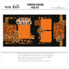 Pumpkin Carving 12x12 scrapbook page kit shown with black pumpkin background, orange lattice pattern, black star pattern, orange photo mats, jack o lantern pumpkins, stacked pumpkin faces, pumpkin carving title, orange black palette. Designed for Pumpkin Carving Scrapbook Page Kit, Halloween Pumpkin Scrapbook Pages, white outlined die cuts, layered halloween papers, small gold stars, repeating pumpkin illustrations, bold black borders, orange patterned blocks, orange pumpkin pattern.